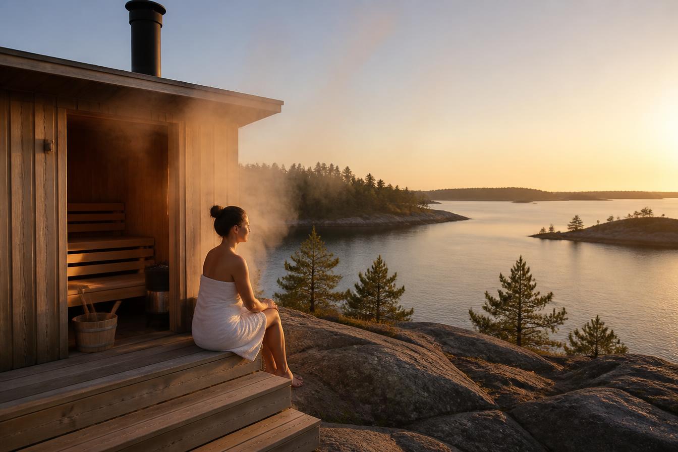 Guests arriving by private boat at an archipelago sauna jetty